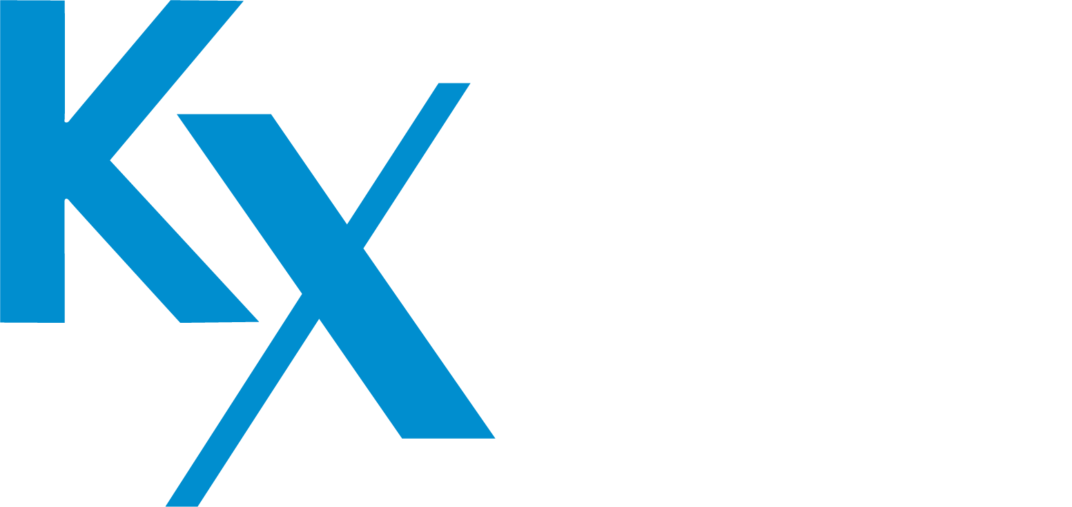 KX Group logotype i vitt och blått